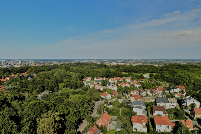 Aerial view of a residential neighborhood with houses and lush green trees under a clear blue sky.