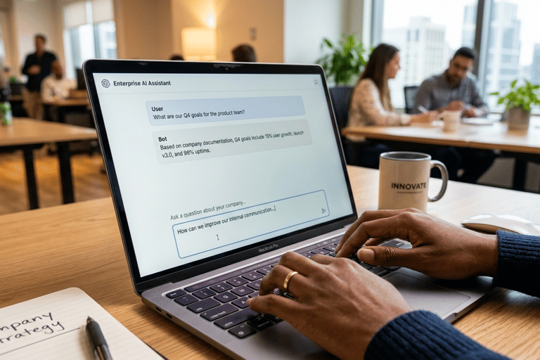 Person using an enterprise AI assistant chatbot on a laptop in a modern office setting.
