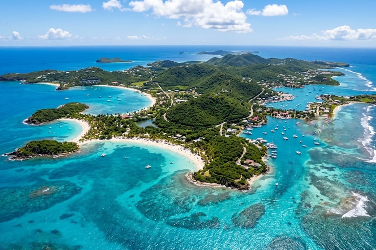 Aerial view of Antigua island coastline featuring turquoise Caribbean waters, white sand beaches, an