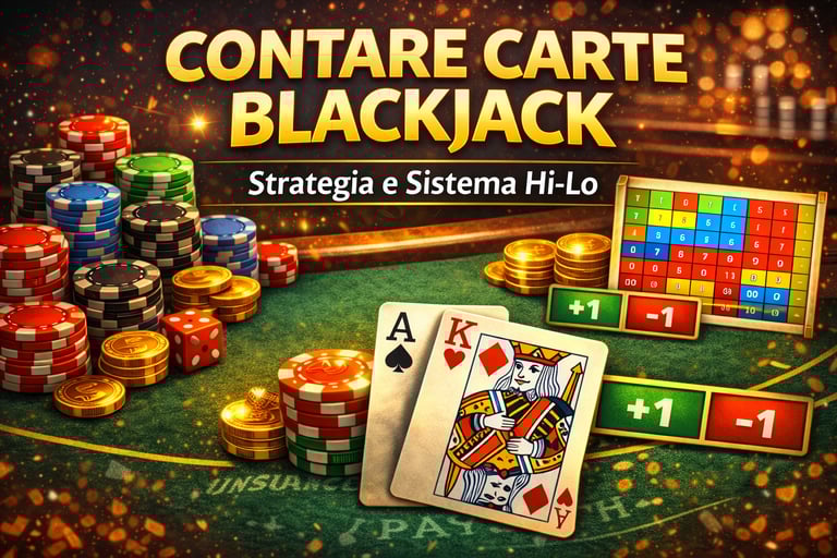 Contare carte blackjack con sistema Hi-Lo illustrato su tavolo da casinò con fiches