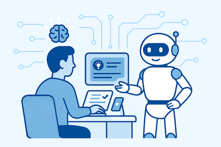 AI Robot speaking to human at computer