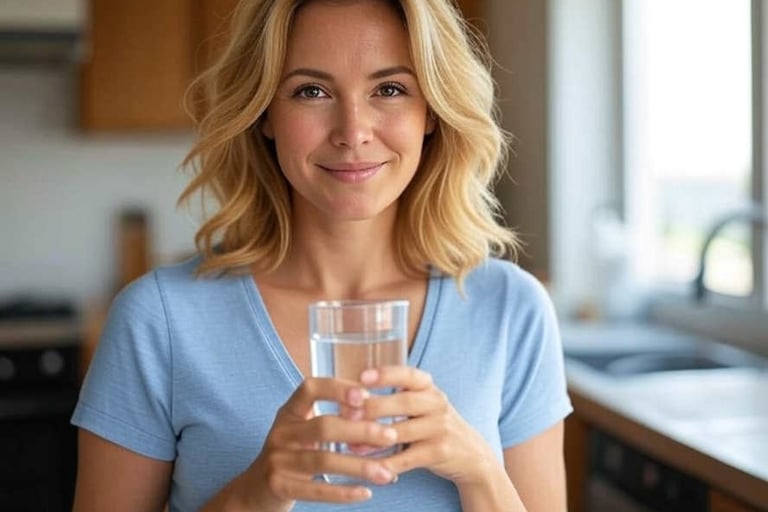 attractive woman drinking glass of water in her kitchen