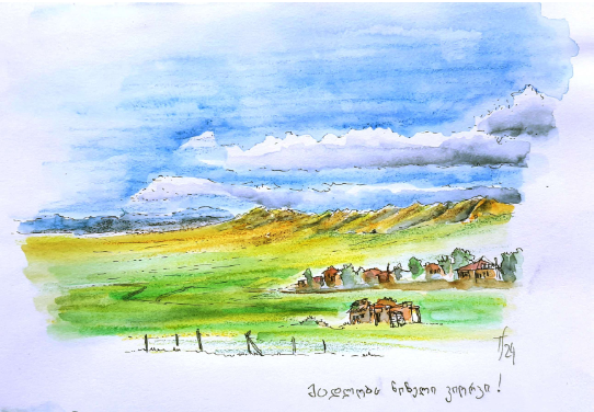 Paysage coloré de la steppe où tronent les restes de la ville d'Udabno, Géorgie