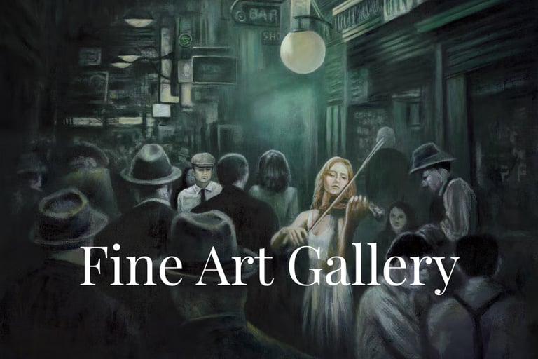 Painting of a crowded nighttime street scene with figures in hats and a violinist in the foreground