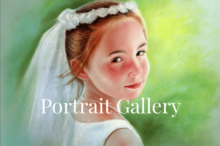 Pastel portrait of a young girl in a white dress and headband, posed against a soft green backgro