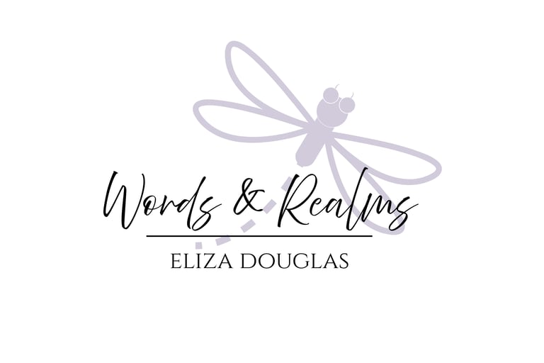 Words & Realms logo featuring a purple dragonfly icon and Eliza Douglas author name.