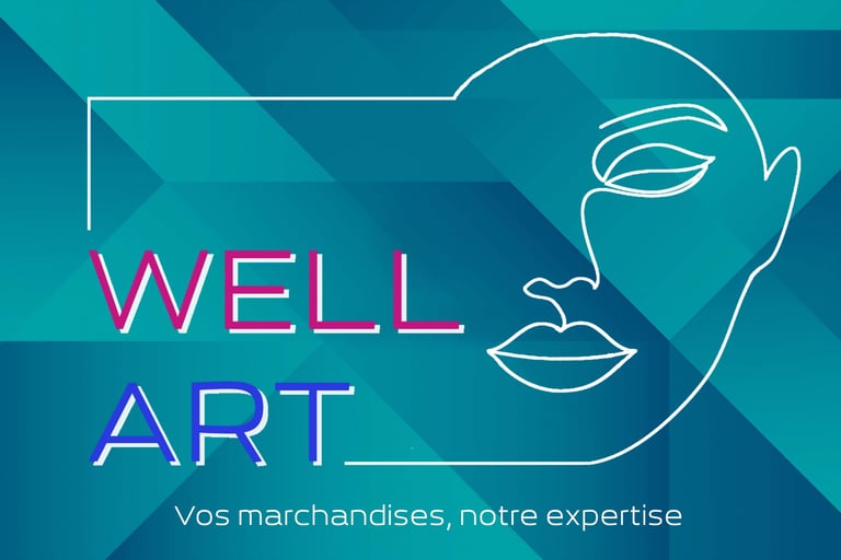 Logo Well Art Transport pour services Fine Art sur fond géométrique bleu
