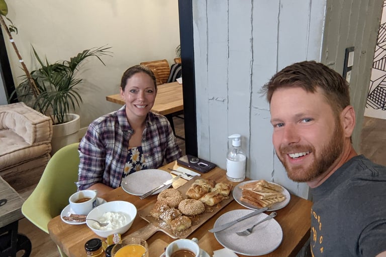 Don and Samantha eatting breakfast at the Blue Bottle Bouqet  Hotel Thessaloniki, Greece