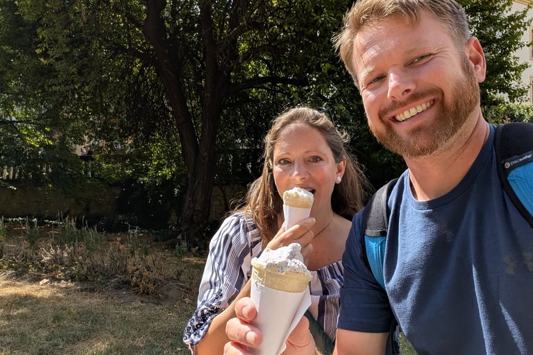 Don and Samantha eatting Geloto from in Corvin Ter park from Corvin Kavezo in Budapest Hungary