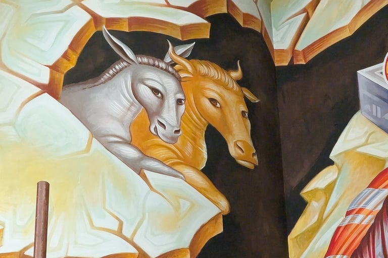 painting of a donky and a cow on the wall of Cathedral of St. Clement in Skopje North Macedonia 