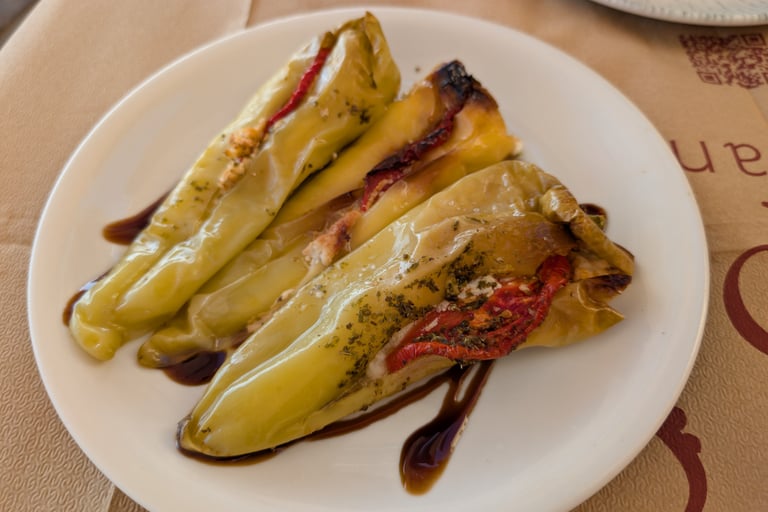green peepers stuffed with cheese from the Octopus Restaurant in Mithymna, Greece