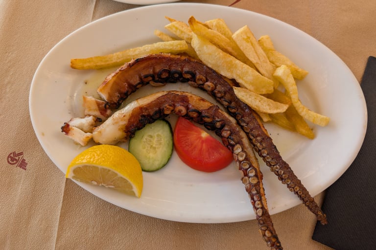 sun dried octopus with french fry's and salad from The Octopus Restaurant in Mithymna, Greece