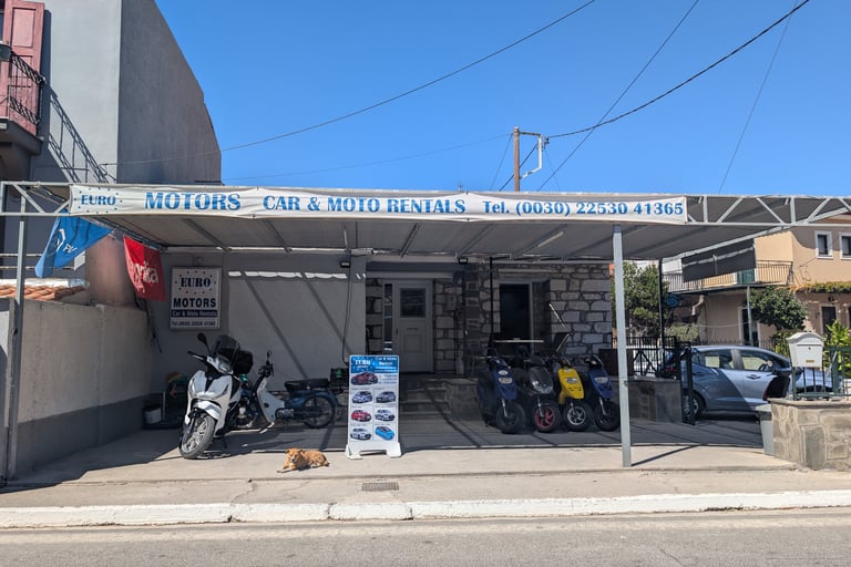 Store front of Euro Motors Petra Car & Moto Rentals in Petra Greece