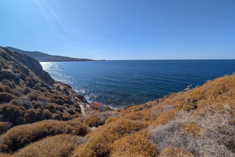 beautiful view of the North Aegean Sea from a trail in Petra Greece