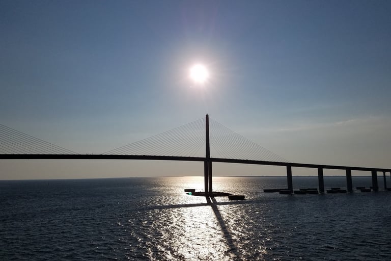 Lady and The Pirate sail out of Tampa, Florida under the Sunshine Skyway Bridge