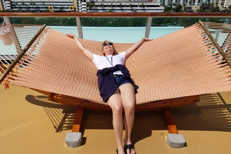 Lady Michelle can finally relax once on board Empress of The Seas