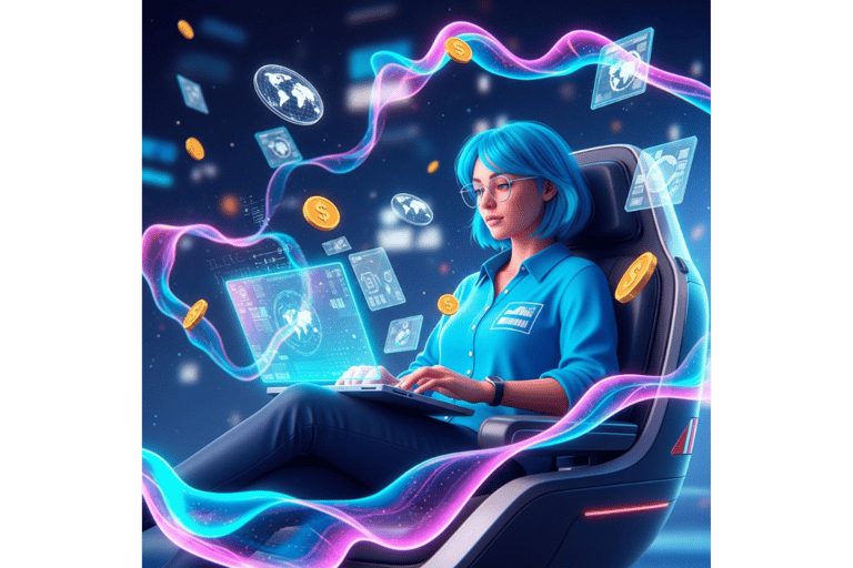 Confident person, laptop with rising graph, colorful digital success.