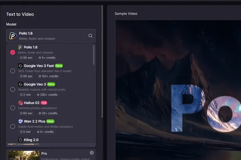A screenshot of Pollo AI’s unified interface showing easy switching between AI models