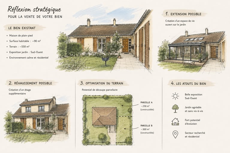 Illustration représentant l'analyse du potentiel d'une maison avant une vente immobilière : surface,