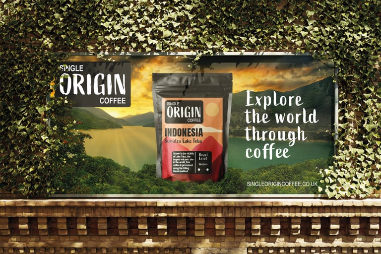 Single Origin Coffee billboard featuring bold branding and eye-catching typography.