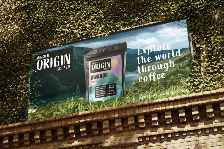 Outdoor billboard advertisement for Single Origin Coffee with modern graphic design.