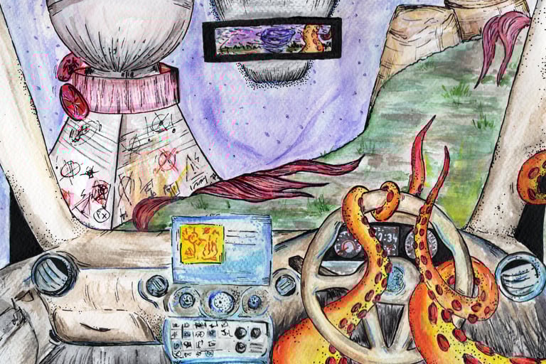 a drawing of a car with a steering wheel, alien tentacles , future , watercolour painting 