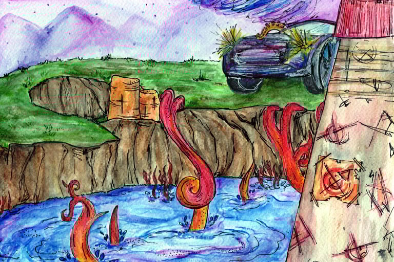 watercolour painting alien invasion , underwater alien, car 
