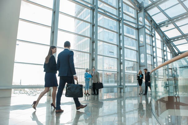 Legal professionals walking in office