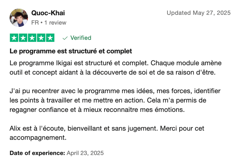 Avis 5 étoiles Trustpilot de Quoc-Khai sur le programme Ikigai s'éveiller à sa raison d'être
