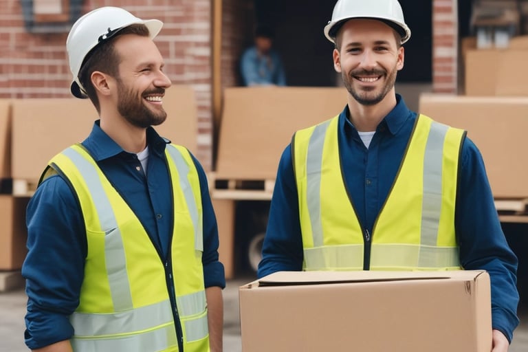 Team members smiling in front of a Transportes Adley branded van on a sunny day.