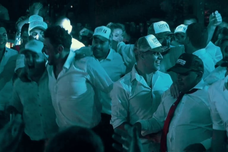 Grupo de hombres festejando y bailando con gorras personalizadas en un evento animado por un DJ