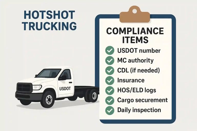 Hotshot truck and gooseneck trailer preparing FMCSA paperwork for federal logistics compliance