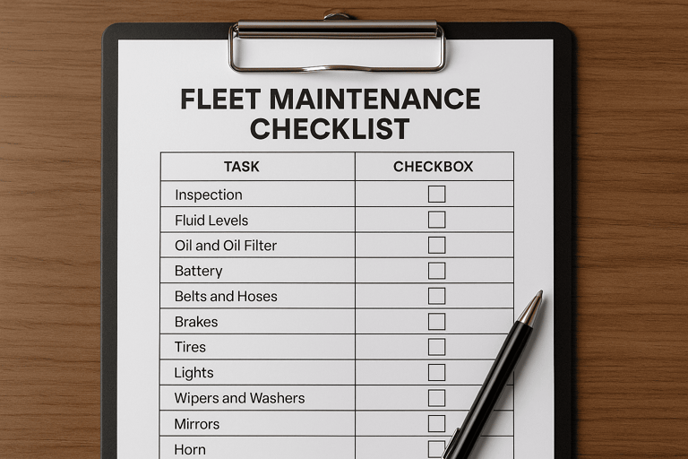 Owner-operator organizing fleet compliance paperwork in office.