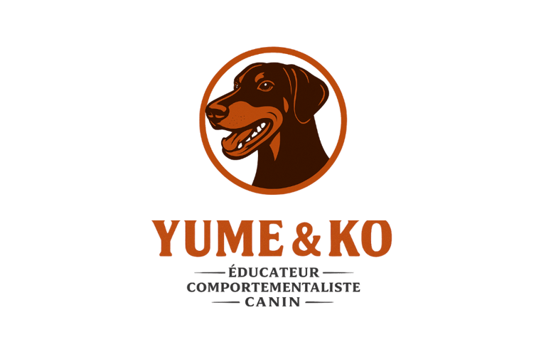 Logo de Yume & Ko, dresseur de chiens, représentant un doberman marron et un texte professionnel
