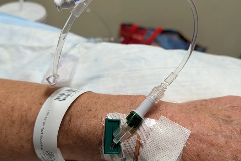 IV port placed in Greg Rowland's wrist