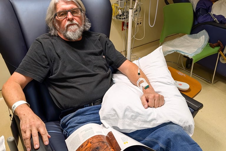 Greg Rowland at Duke Health receiving a lecanemab infusion