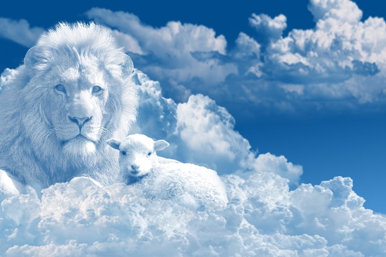 Lion and Lamb together in the clouds.