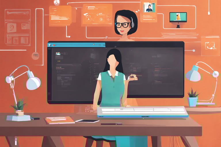a woman sitting at a desk with a computer monitor and a keyboard