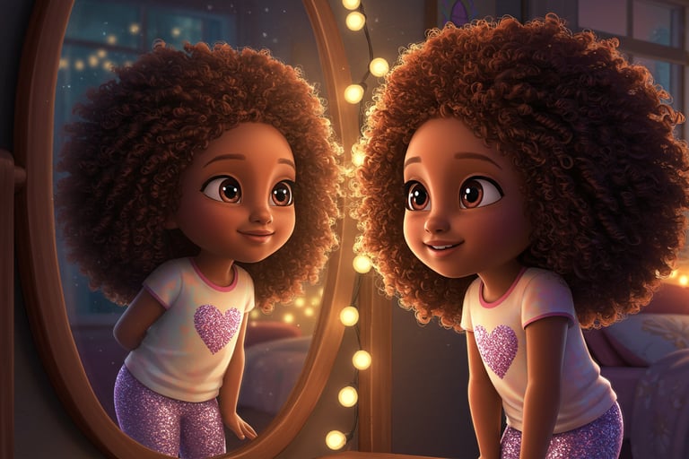 Little Nia smiling at herself in the mirror