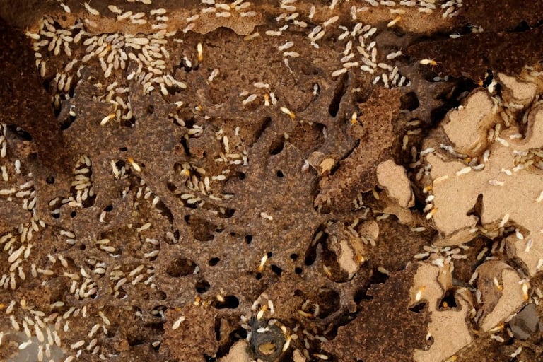 a group of foraging subterranean termites in mud trails
