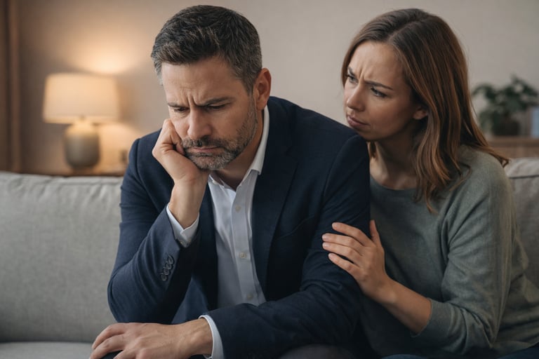 Ejecutivo preocupado tras perder su trabajo, representando una crisis y transición profesional.
