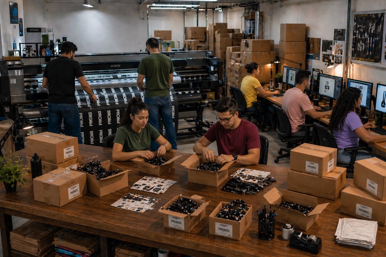 Equipo de producción integrado: diseñadores, operarios de plotter y logística, todos enfocados