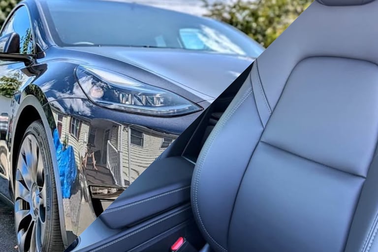 A shinny, mirror like, dark gray tesla and a clean gray tesla front seat 