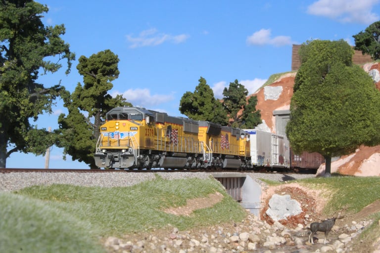 HO Scale model trains on outdoor diorama