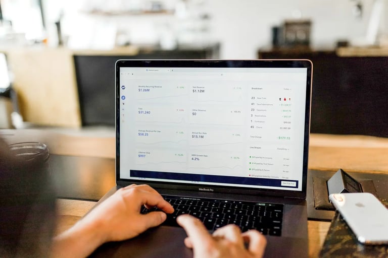 checking a revenue dashboard report on a laptop