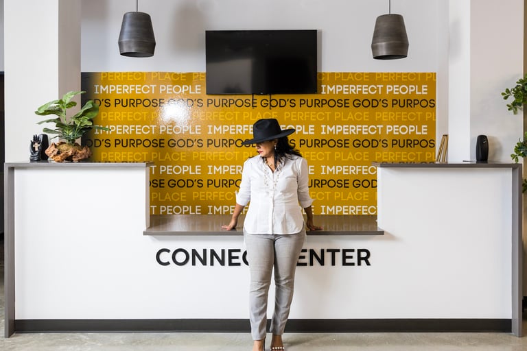 Church connect wall with the slogan, Perfect Place. Imperfect People. Pursuing God's Purpose.