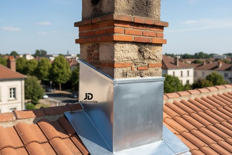 abergement de cheminée en zinc soudé par zingueur sur toiture tuile