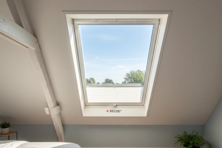 combles aménagés en chambre lumineuse avec fenêtre de toit professionnelle