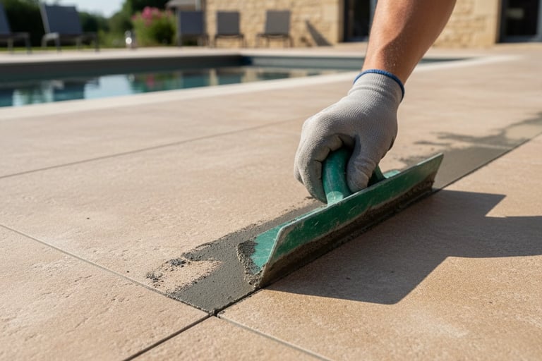 Carrelage de plage de piscine en grès cérame effet travertin beige, antidérapant, installé à Orléans (Loiret).