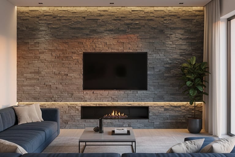 mur d'accent salon contemporain parement pierre naturelle quartzite